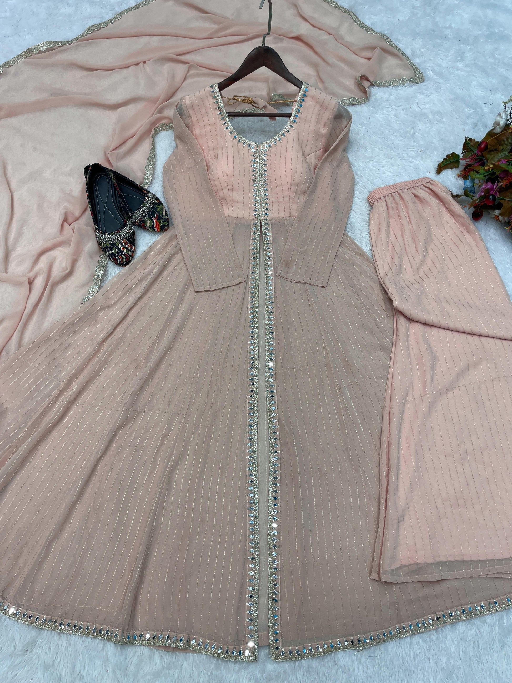 Mesmerizing Embroidery Work Peach Color Top Palazzo With Dupatta