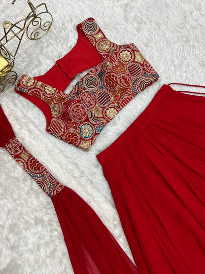 Glossy Red Color Pure Soft Fox Georgette Blooming Designer Ready to Wear Lehenga Choli