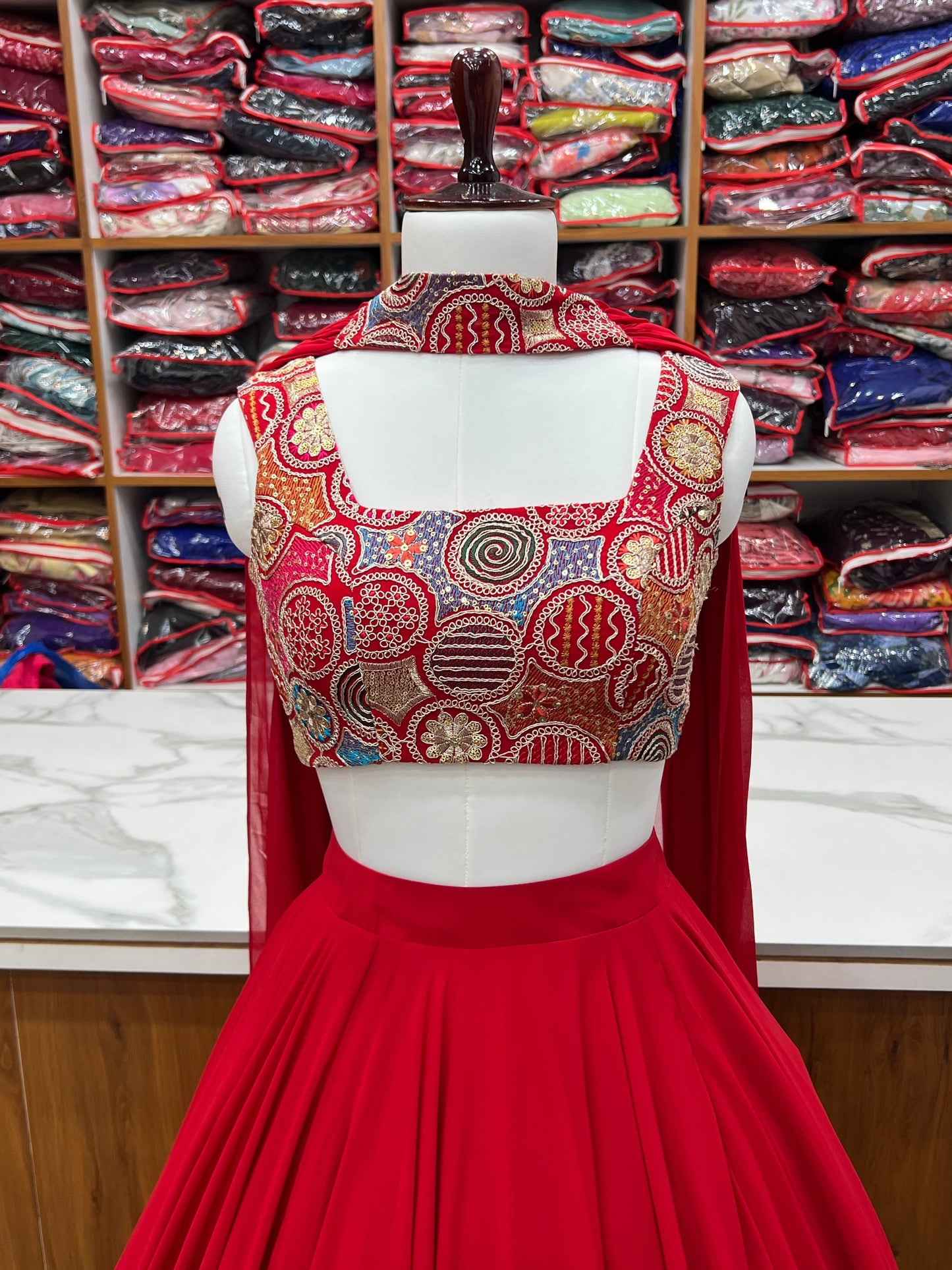 Glossy Red Color Pure Soft Fox Georgette Blooming Designer Ready to Wear Lehenga Choli