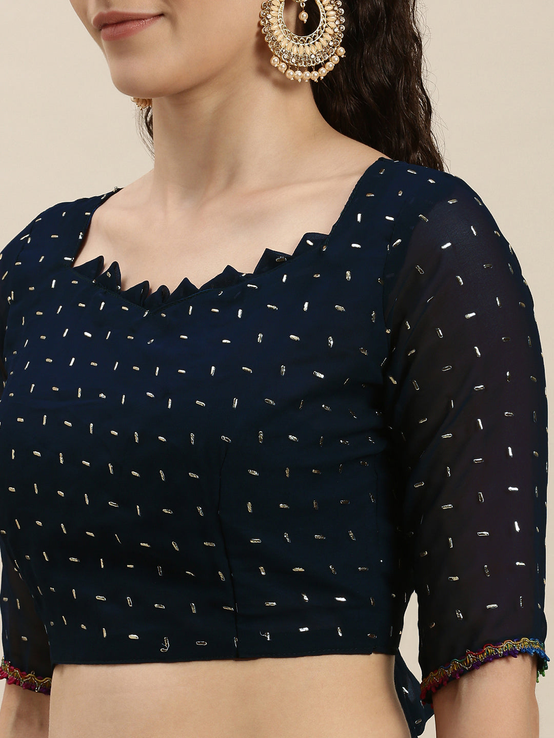Blue Color Silver-Toned Embroidered Saree