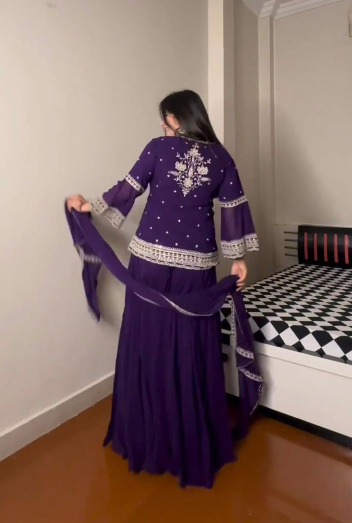 Sequence Thread Work Purple Color Palazzo With Top