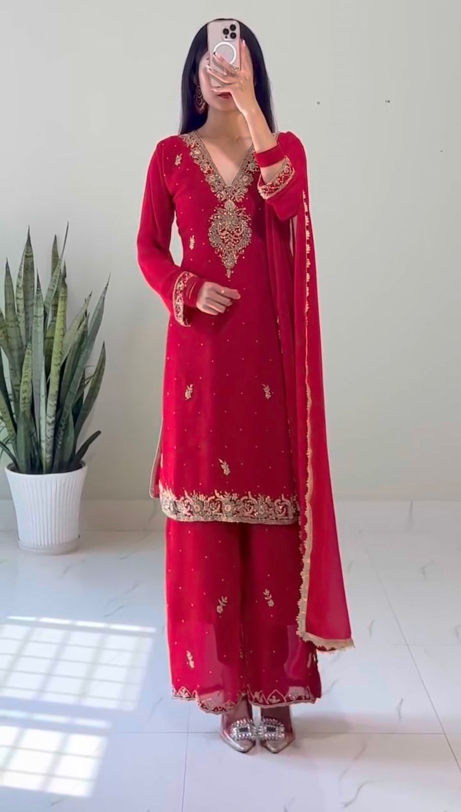 Ravishing Red Georgette Embroidery Palazzo Suit