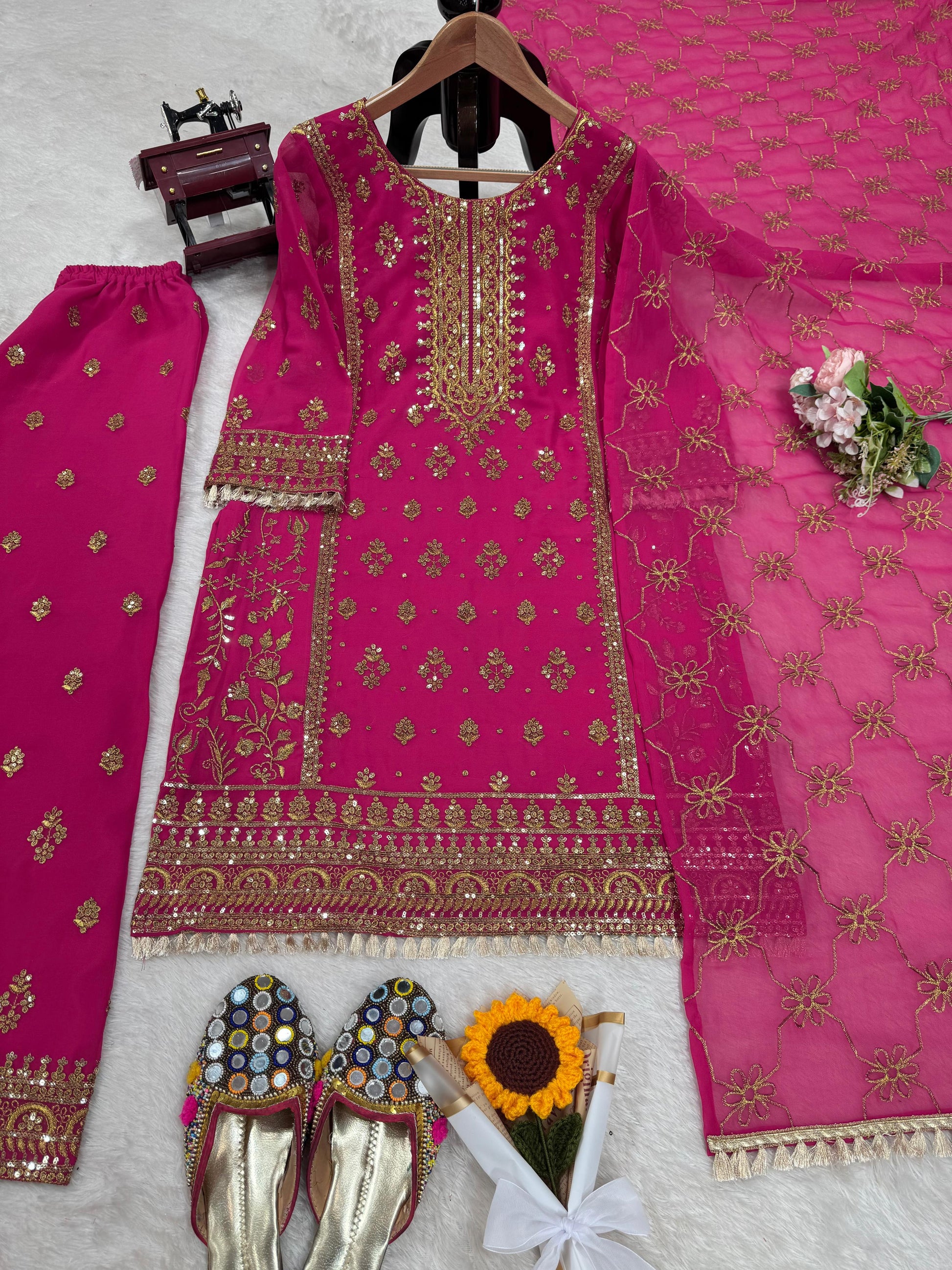 Look Designer Thread With Sequence Work Pink Color Sharara Suit