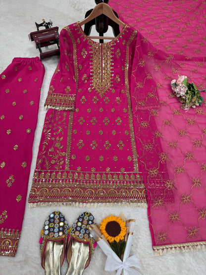 Look Designer Thread With Sequence Work Pink Color Sharara Suit