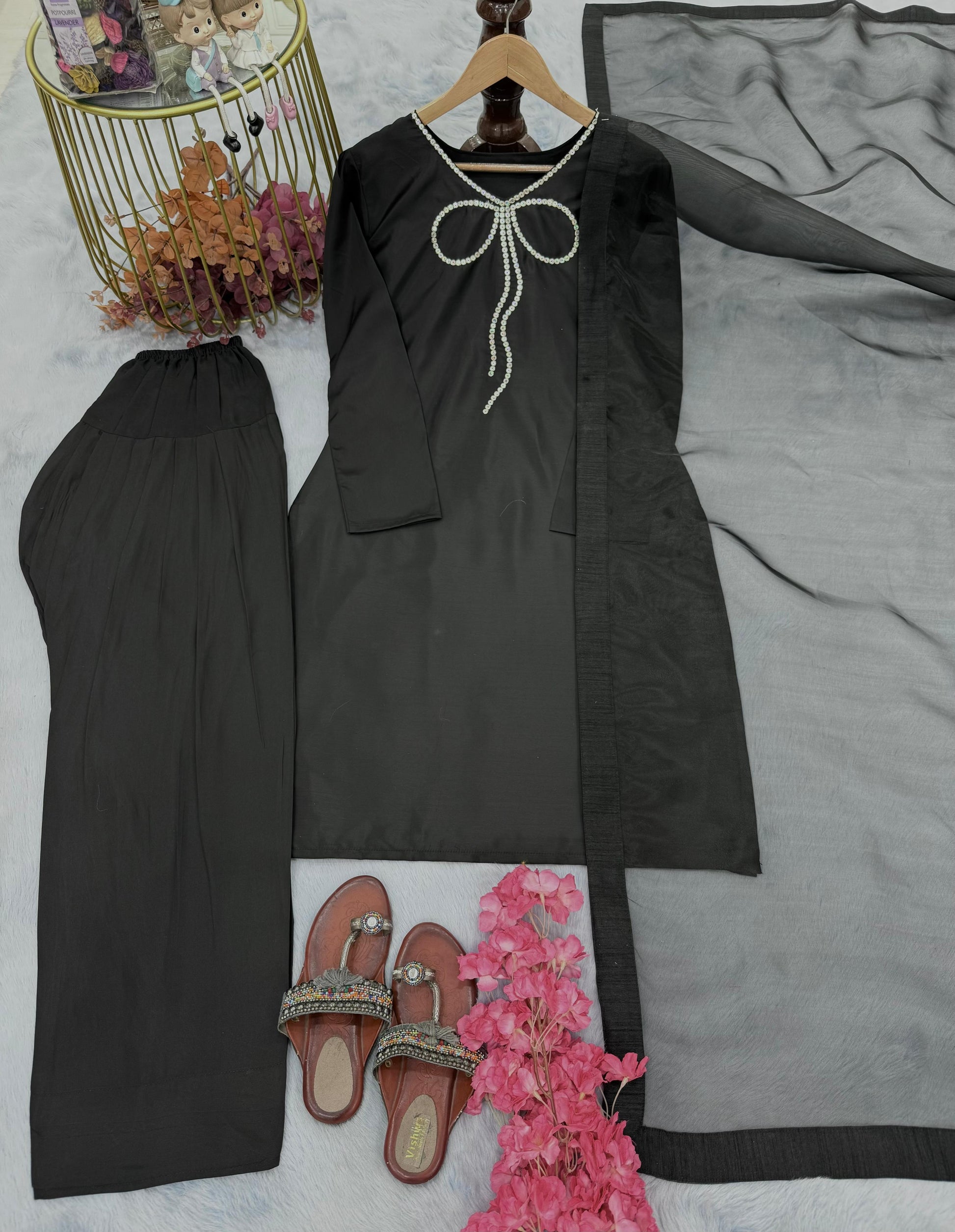 Preferable Sequence Work Black Color Palazzo Suit