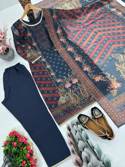 Lovely Blue Satin Digital Print Salwar Suit