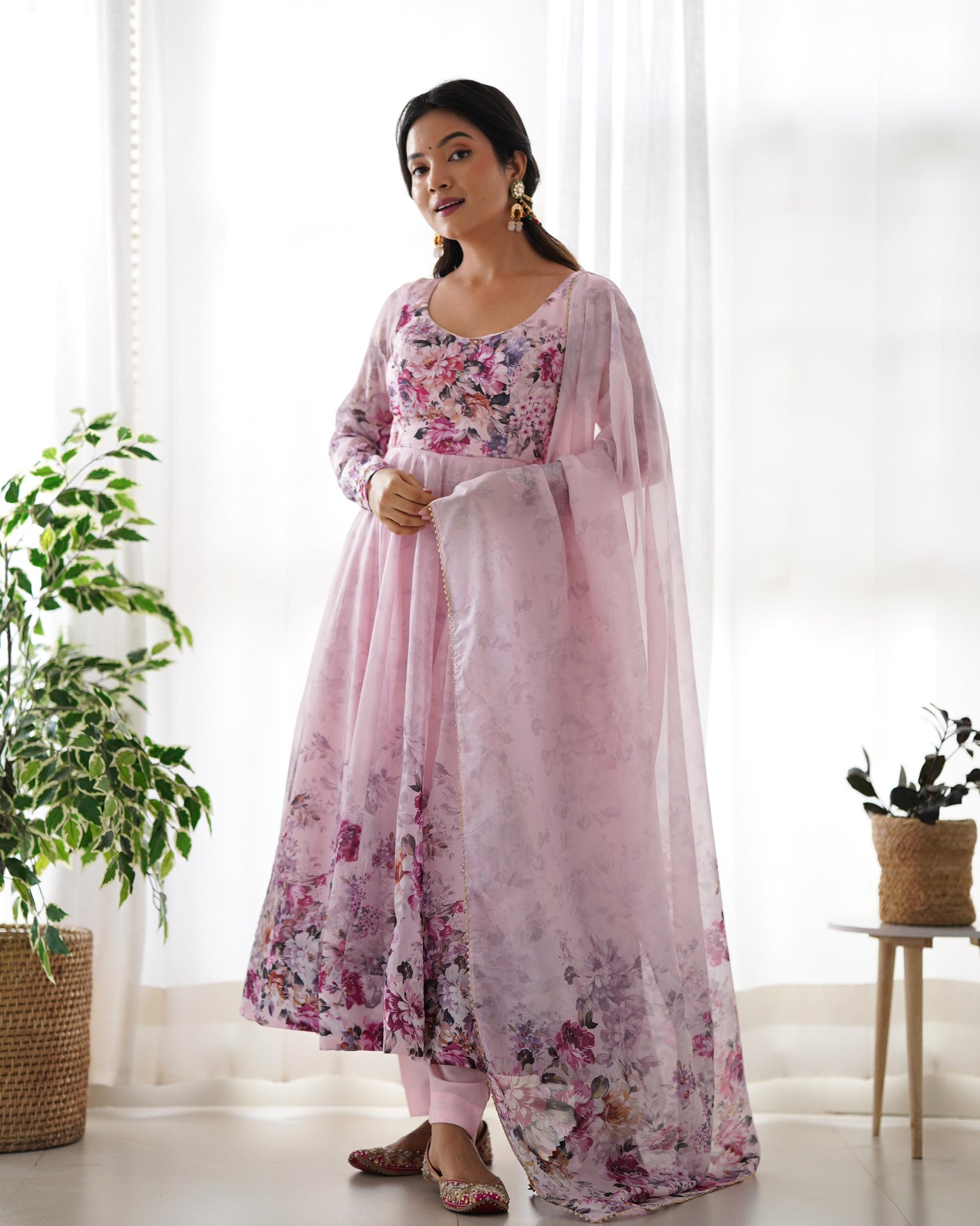 Casual Wear Multi Flower Print Light Pink Color Anarkali Suit