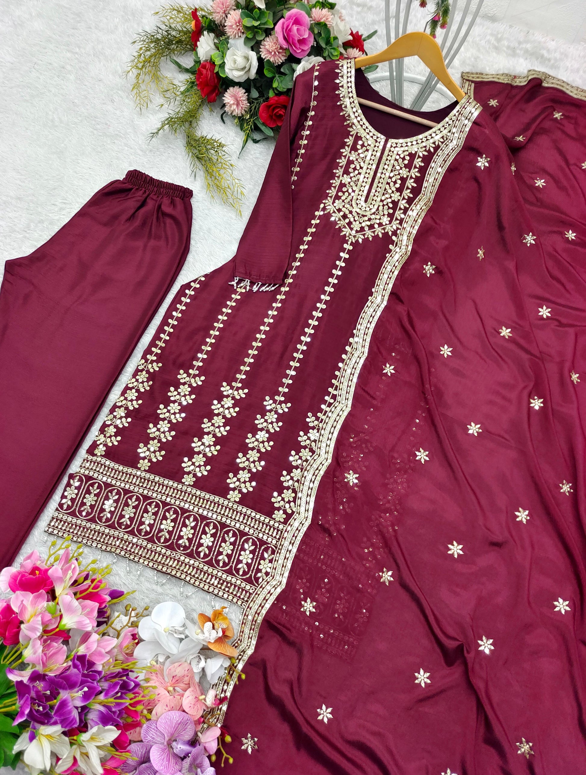 Eyes Catching Cinon Silk Maroon Color Salwar Suit