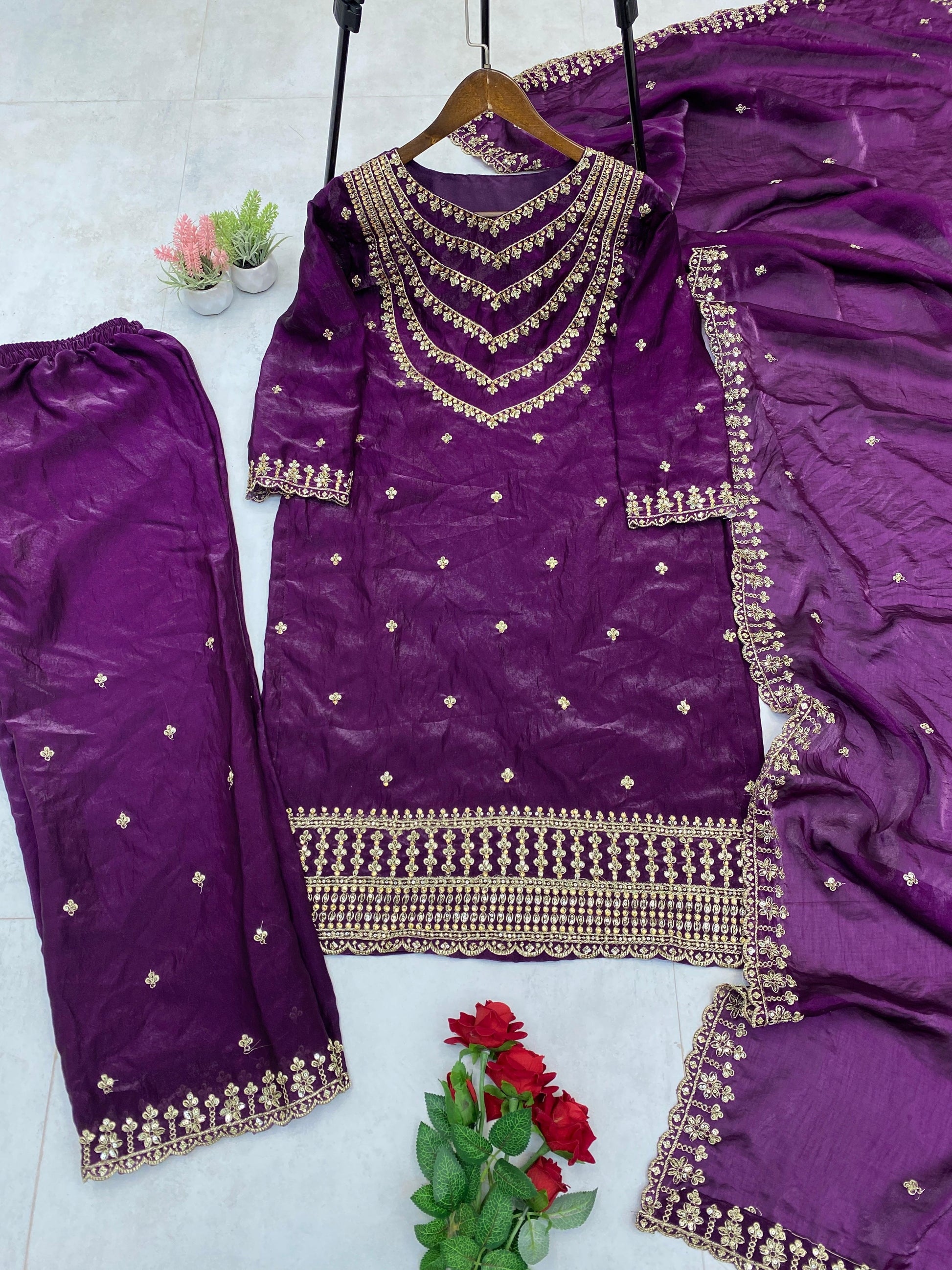 Good Looking Embroidery Work Wine Color Palazzo Suit