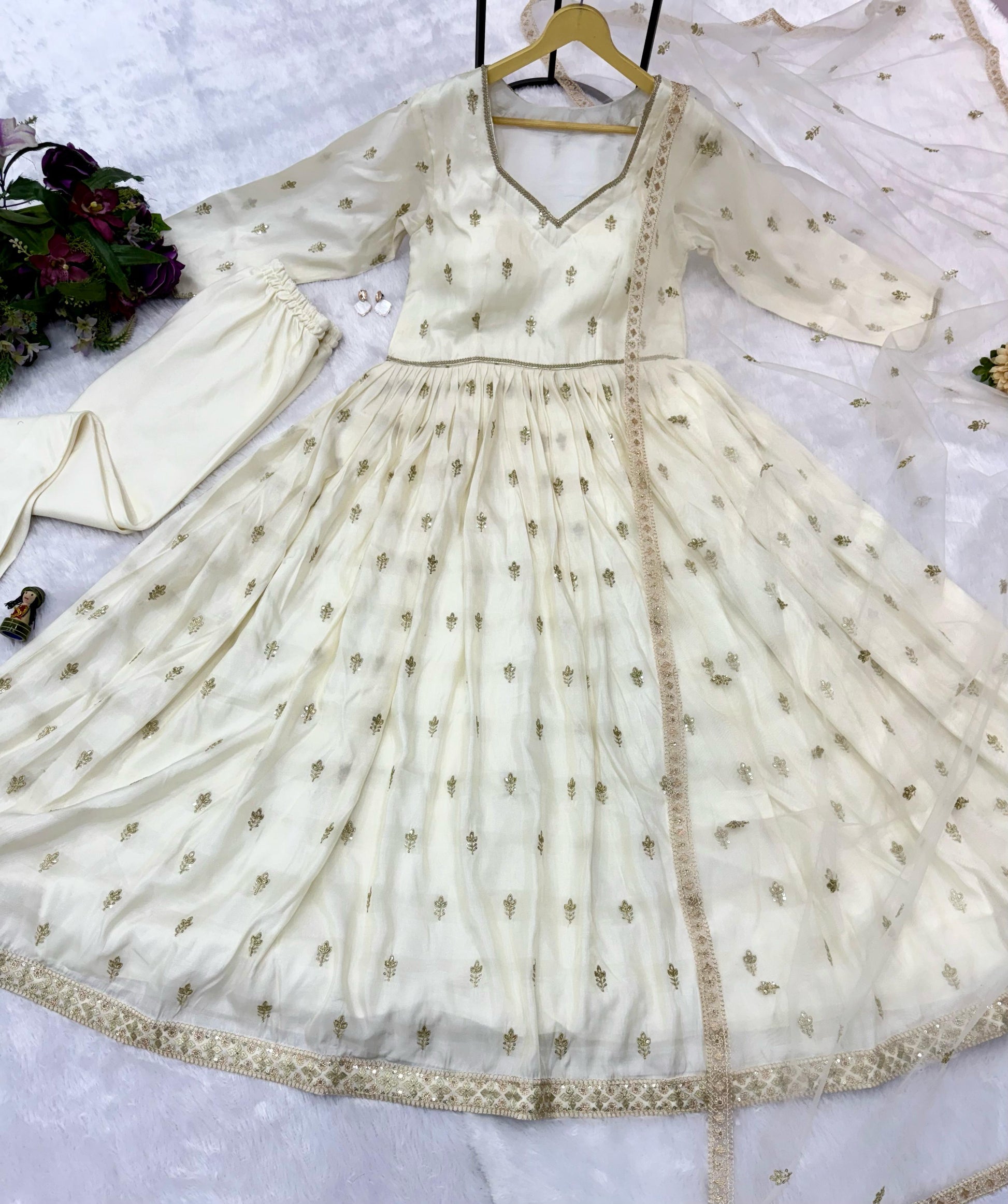 Adorable Embroidery Work Off White Color Gown