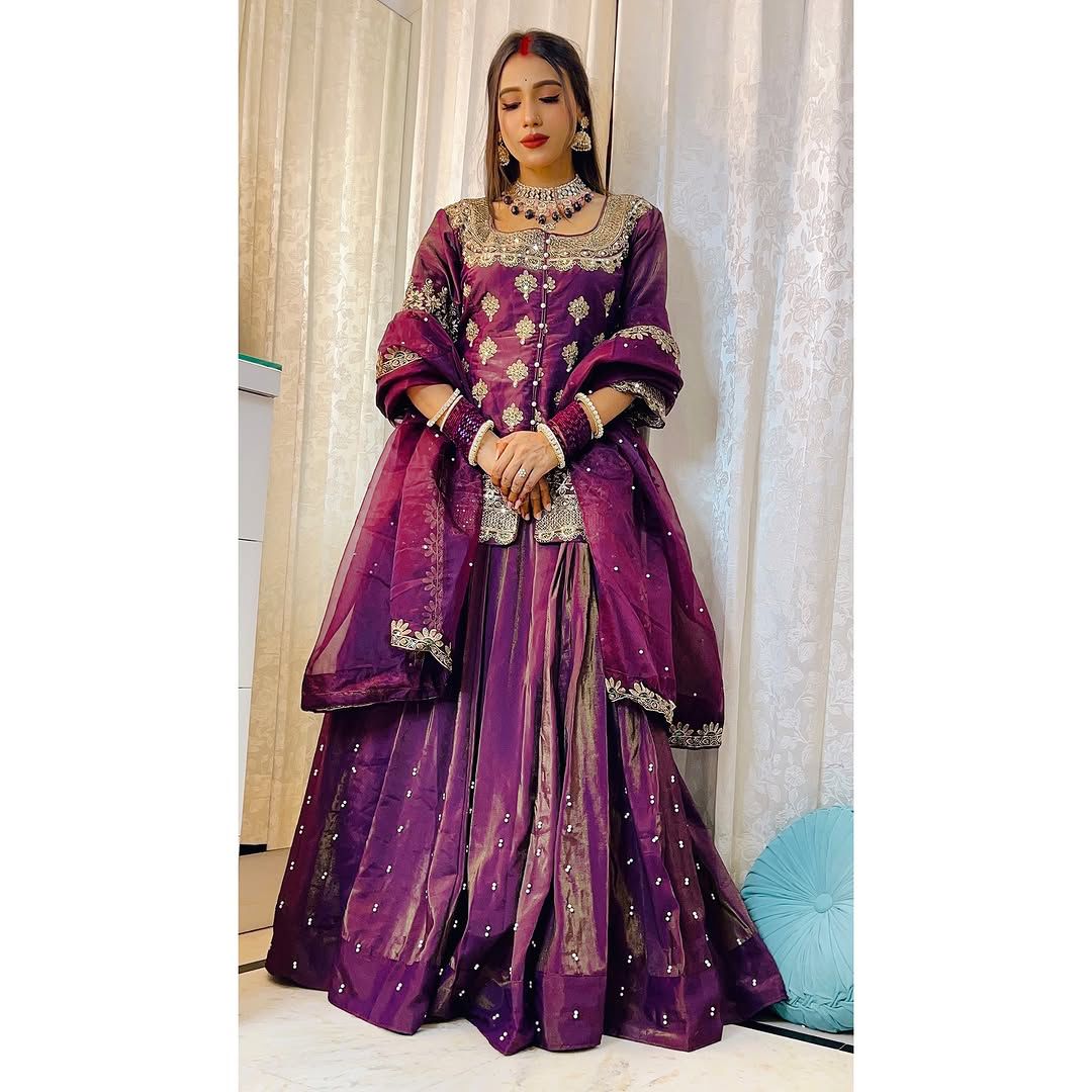 Simmer Silk Wedding Wear Wine Color Top With Lehenga