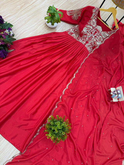 Fantastic Embroidery Work Red Color Gown