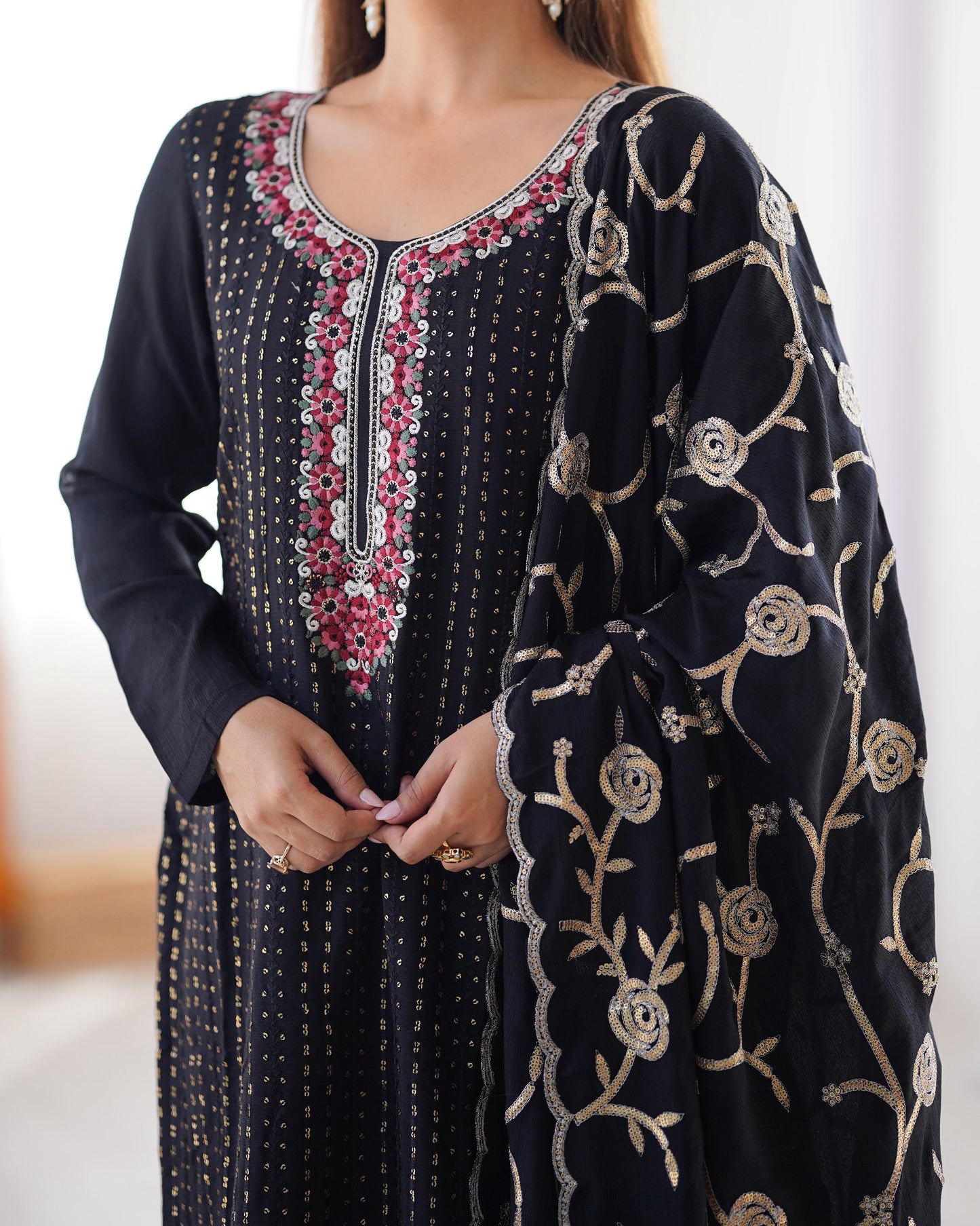 Elegant Chinon Silk Black Color Salwar Suit