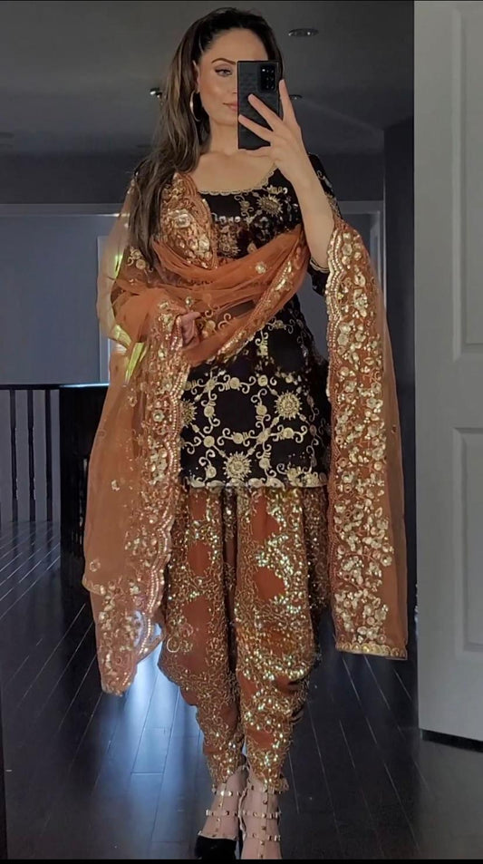 Punjabi Style Sequence Work Black Color Dhoti Suit