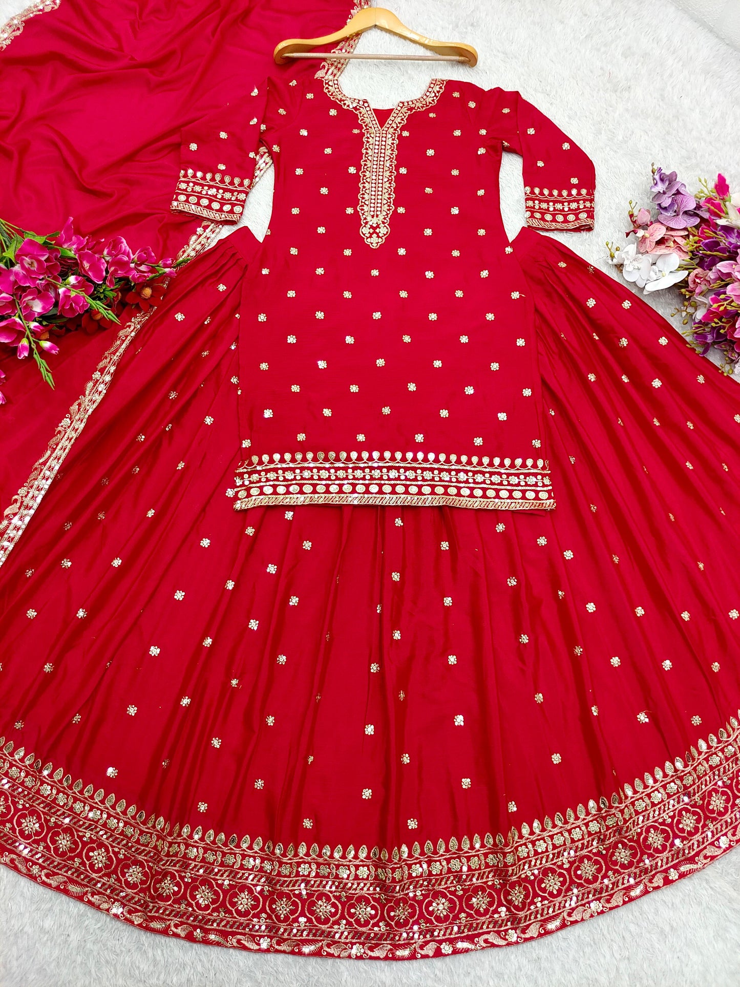 Gorgeous Red Color Sequence Work Top With Lehenga