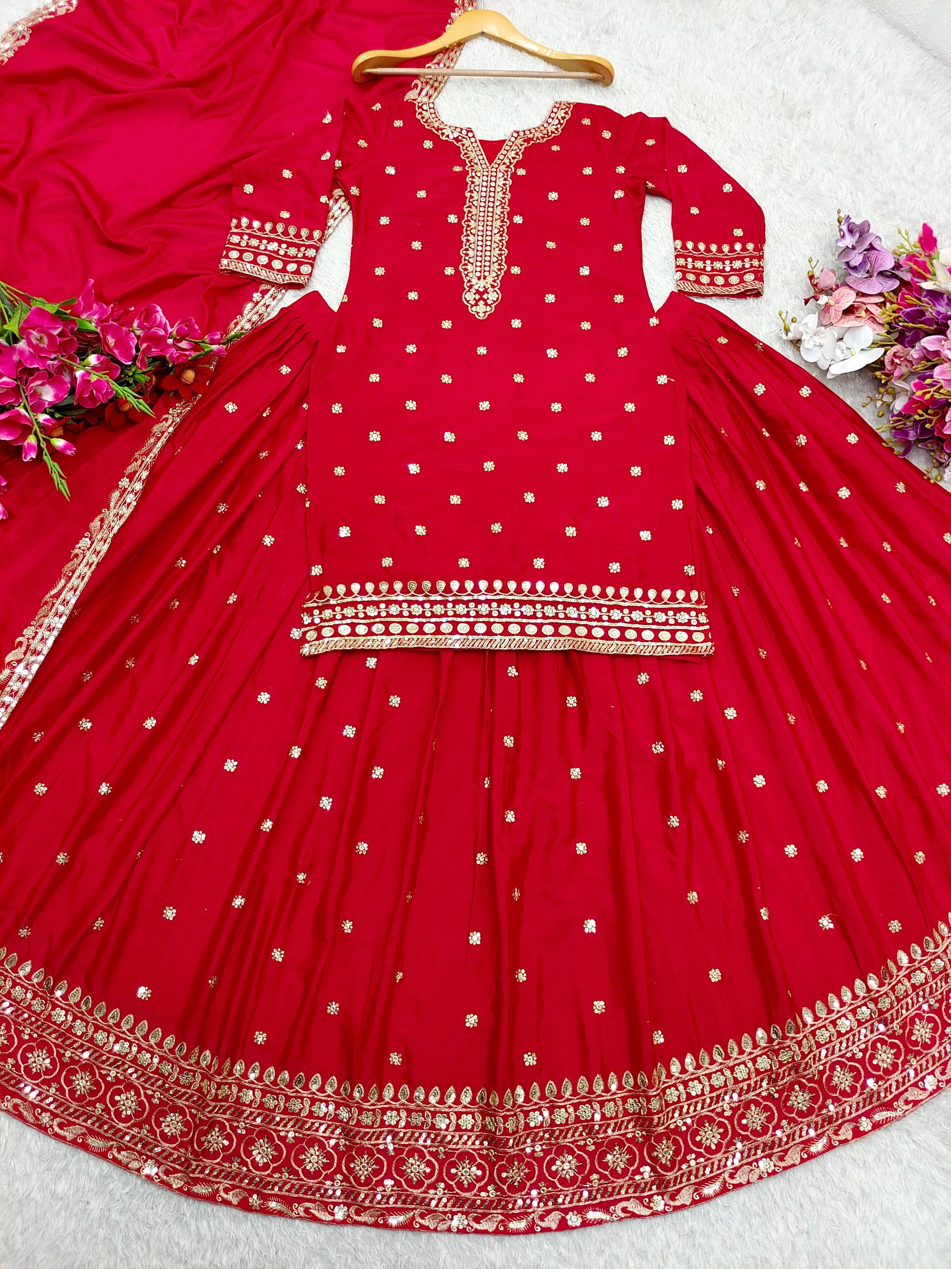 Gorgeous Red Color Sequence Work Top With Lehenga