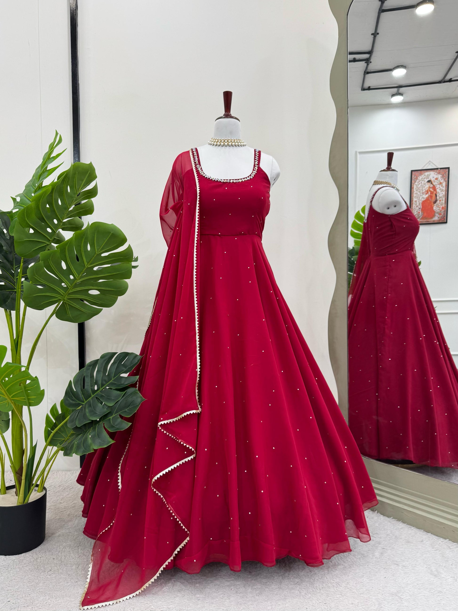 Gorgeous Georgette Diamond Red Color Gown