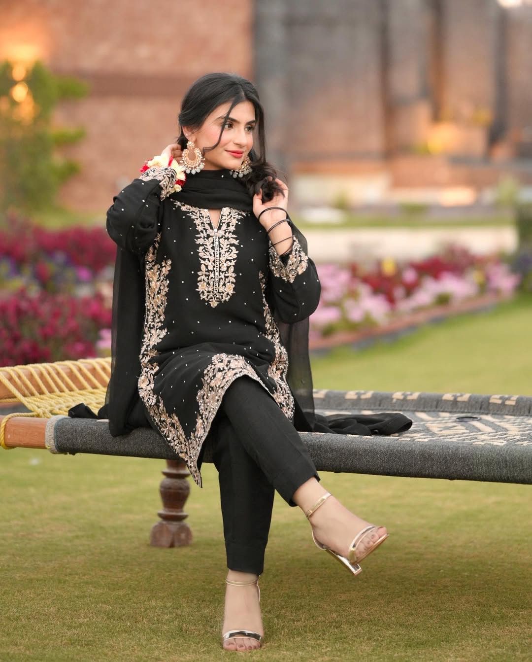 Outstanding Riveted Moti Work Black Color Palazzo Suit