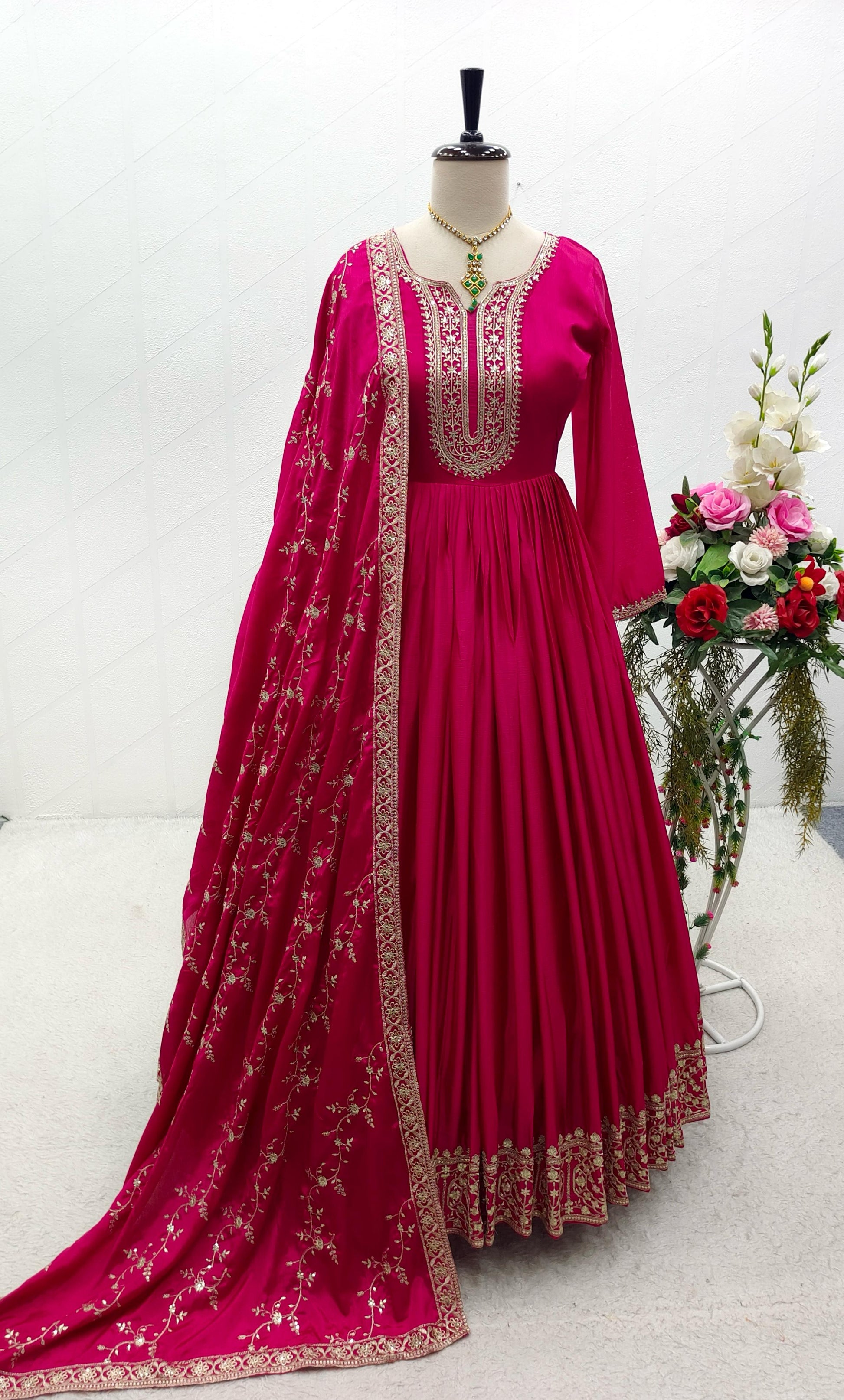 Fashionable Satin Silk Embrodery Work Pink Color Gown