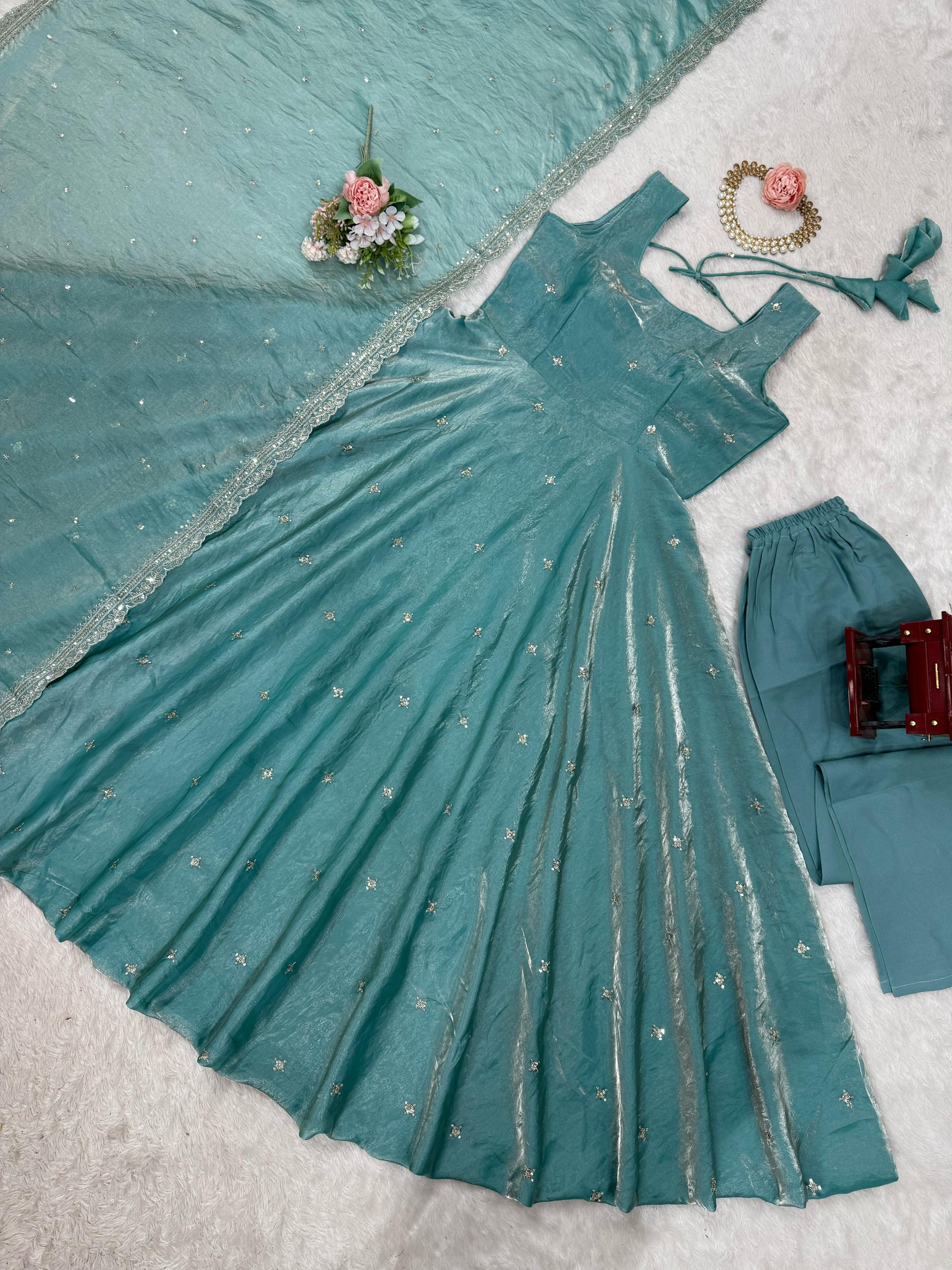 Stylish Thread Work Sky Blue Color Anarkali  Gown