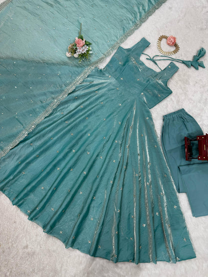 Stylish Thread Work Sky Blue Color Anarkali  Gown