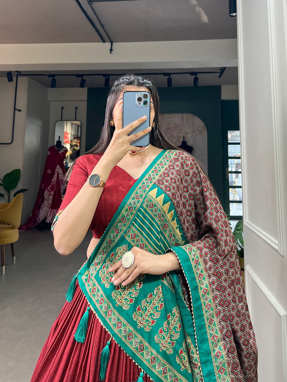 Innovative Tussar Silk Red Color Lehenga Choli