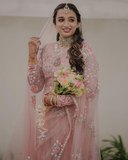 Superhit Sequence Work Soft Net Peach Color Saree