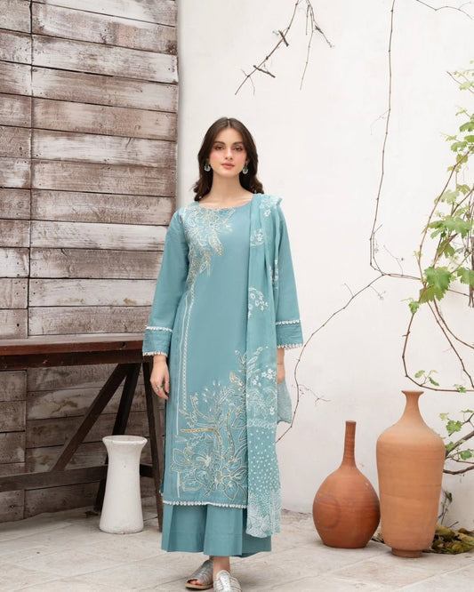 Lovely Blue Roman Silk Sequence Work Palazzo Suit