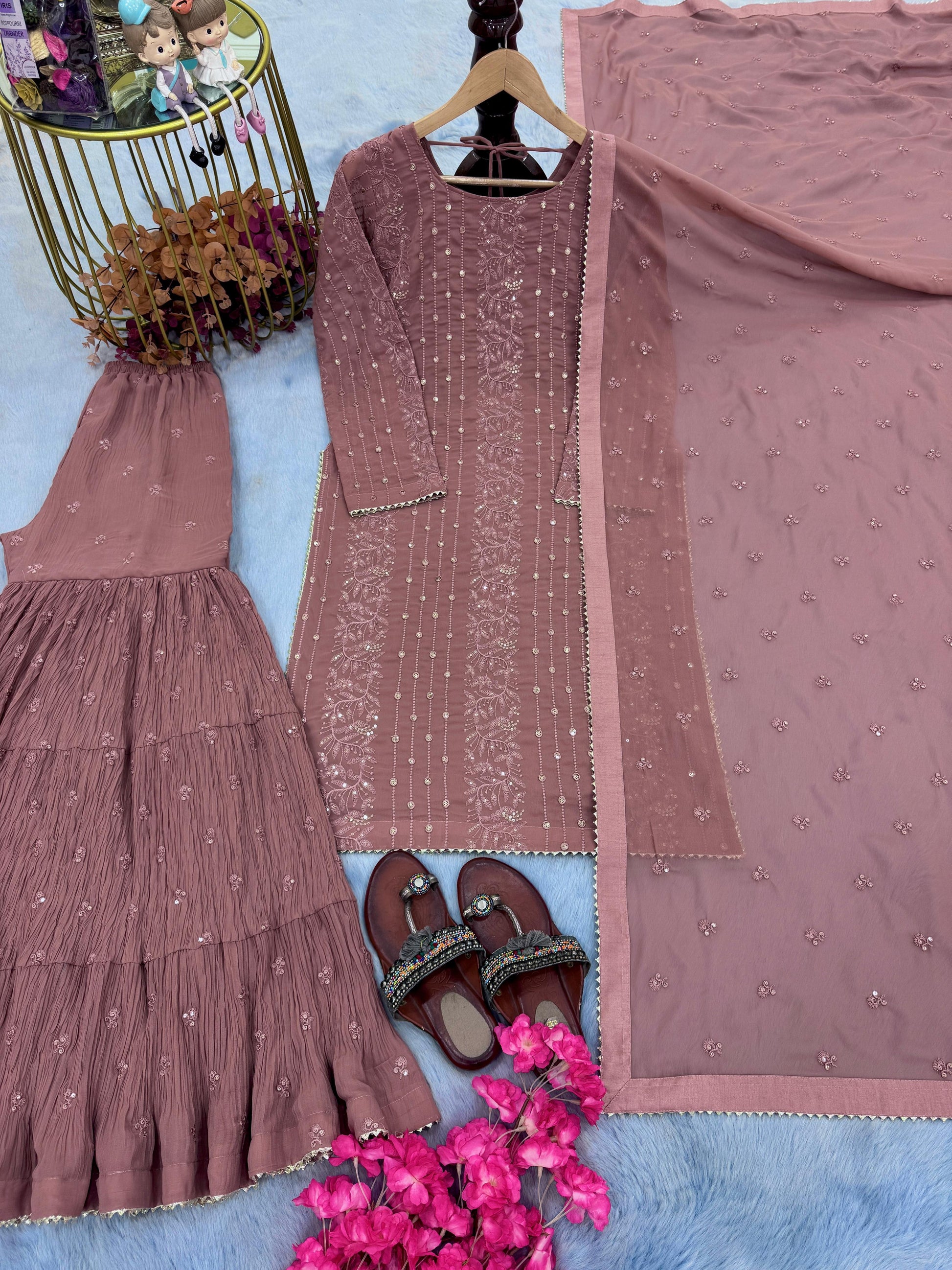 Marvelous Coding Dori Work Peach Color Top Sharara With Dupatta Set