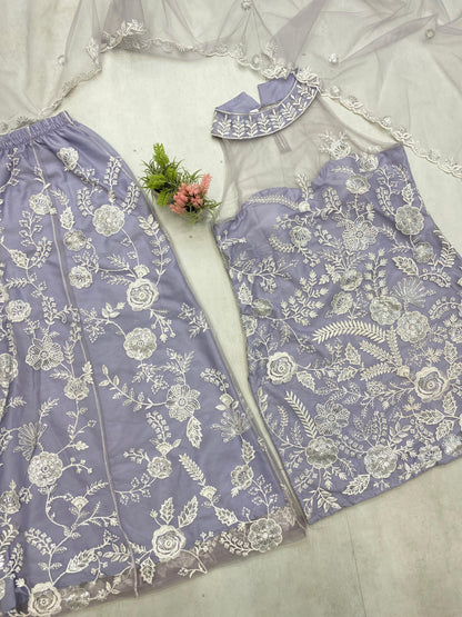 Shining Embroidery Work Lavender Color Palazzo Suit