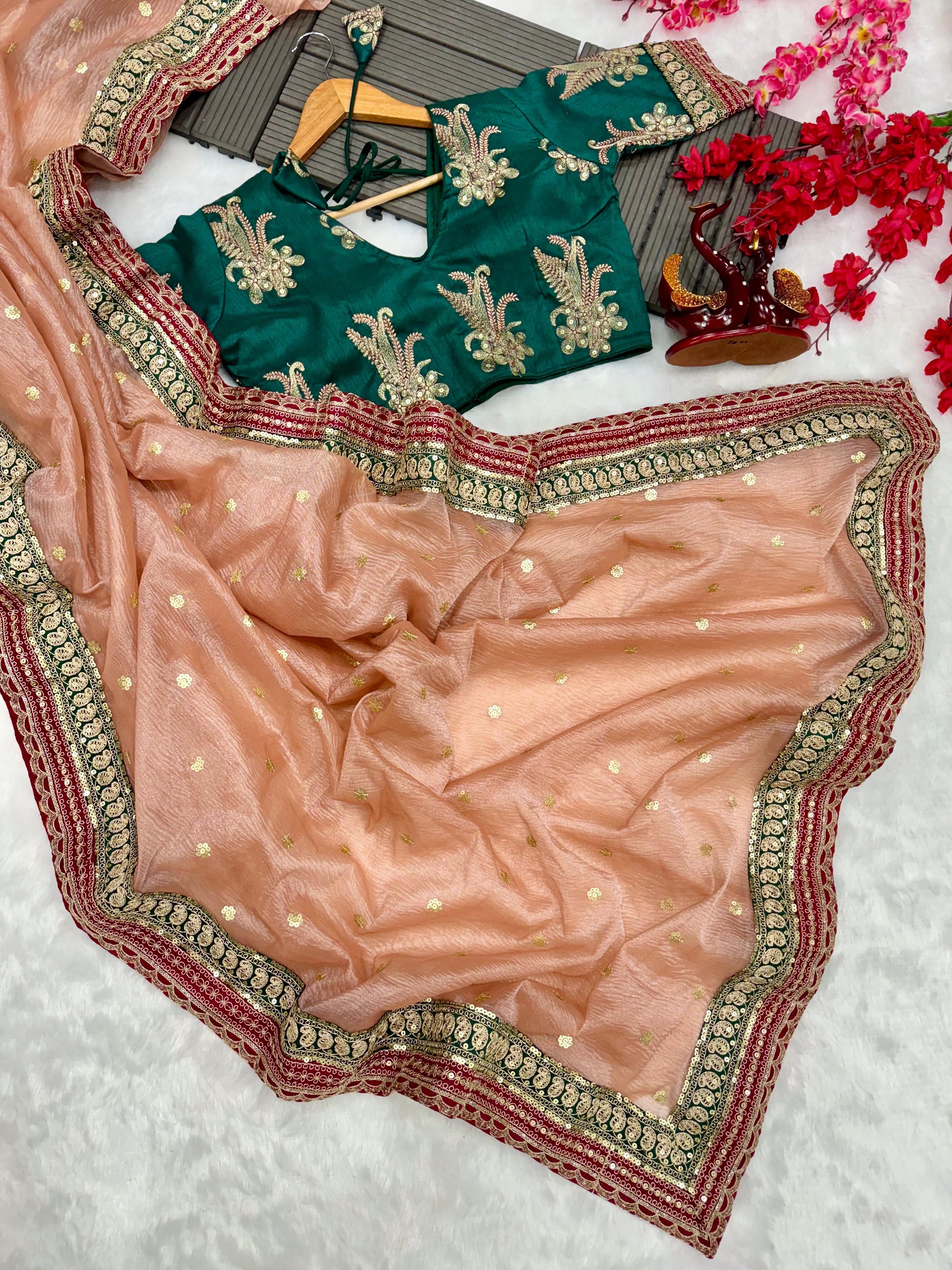 Party Wear Embroidery Work Peach Color Designer Saree