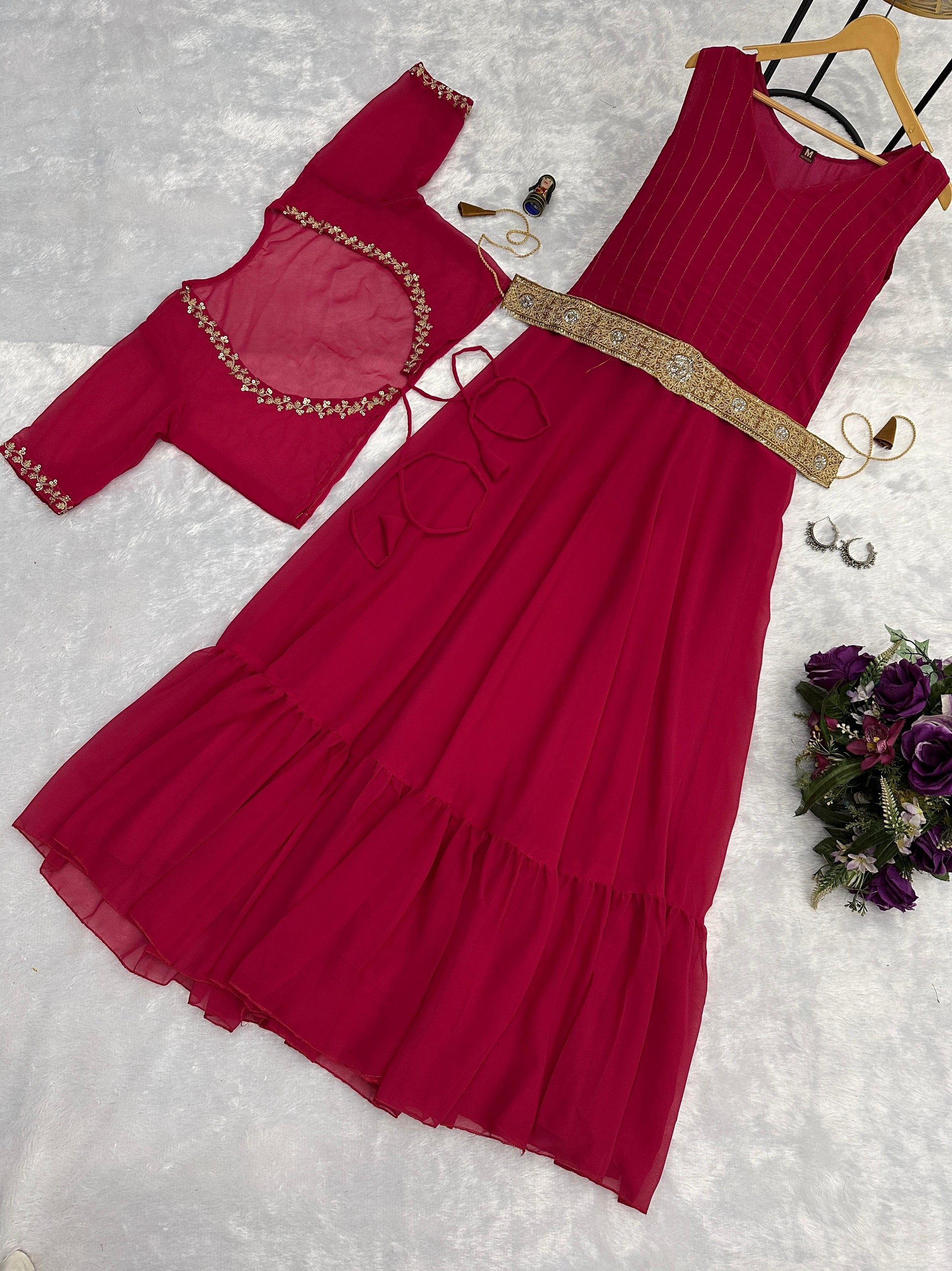 Designer Georgette Red Color Gown With Koti