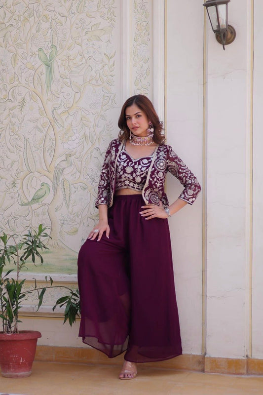 Glossy Georgette Lace Work Wine Color Palazzo Suit With Koti