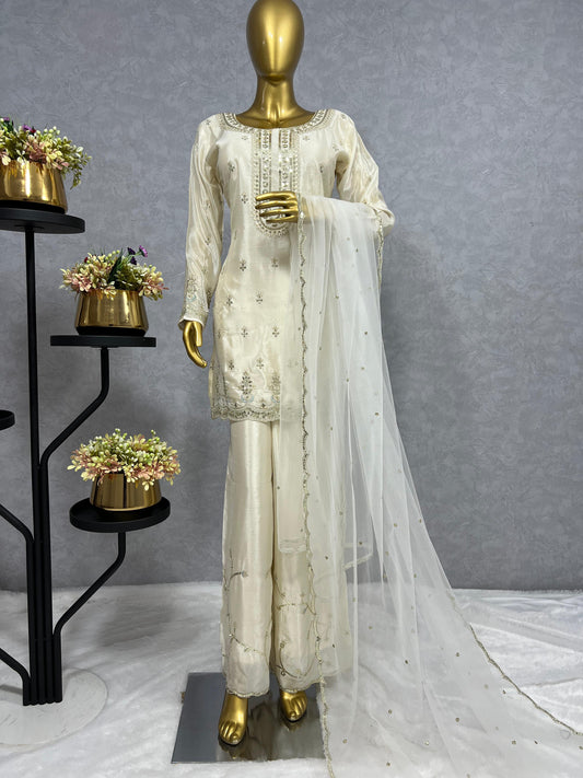 Opulent Sequence Work Cream Color Sharara Suit