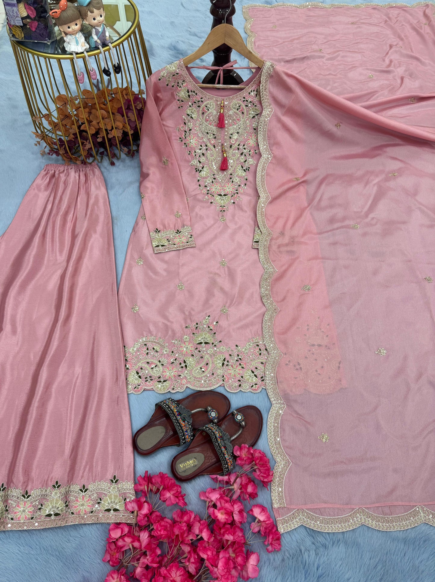 Outstanding Chinon Silk Pink Color Color Palazzo Suit