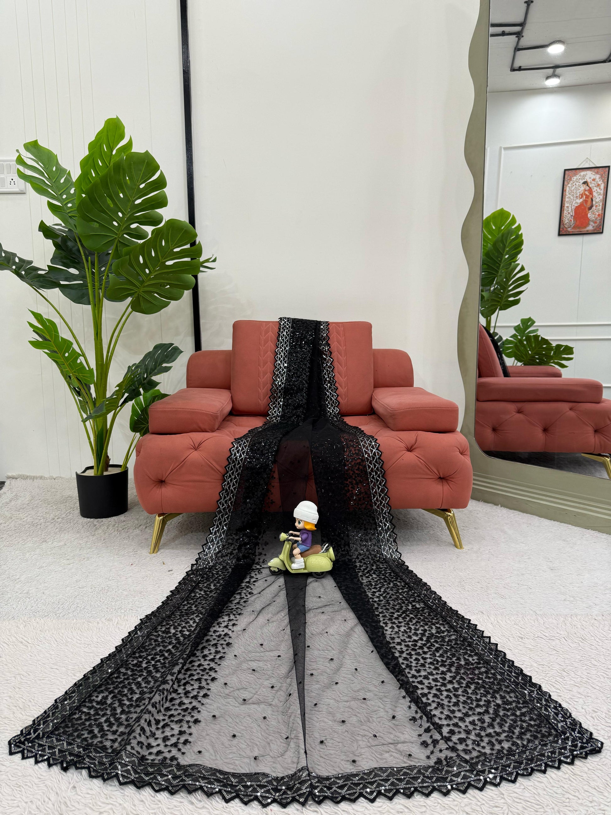 Glimmering Soft Net Sequence Work Black Color Saree