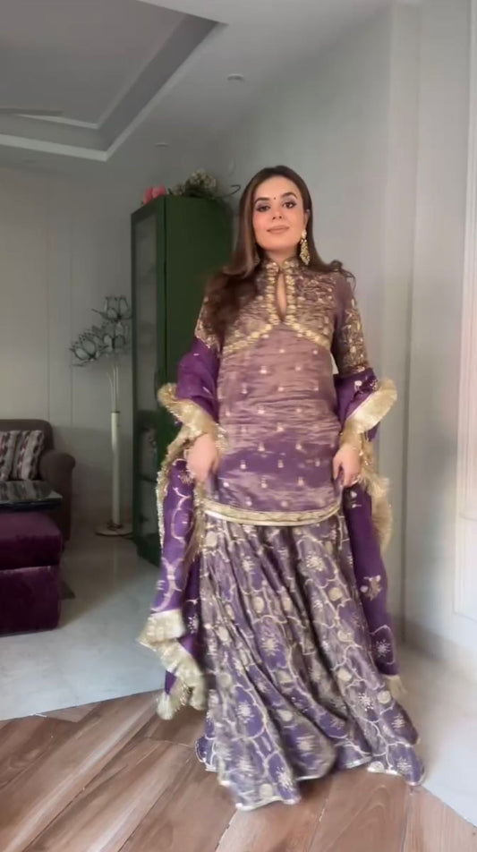 Exotic Gold Net Embroidery Work Onion Color Sharara Suit