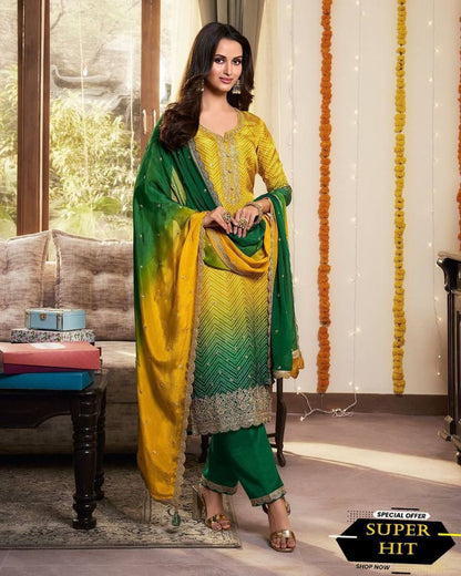Shilpa Shetty Bollywood Yellow With Green Color Salwar Suit