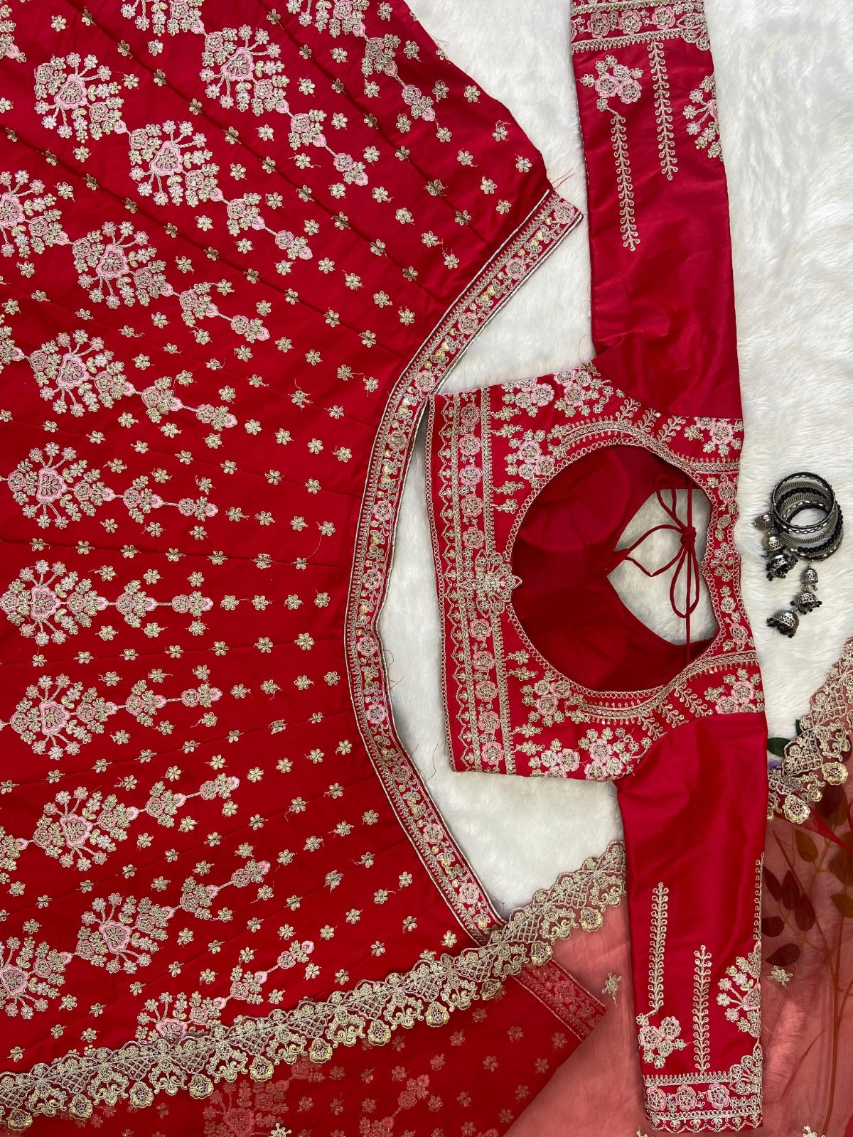 Fabulous Malai Satin Red Color Bridal Lehenga Choli