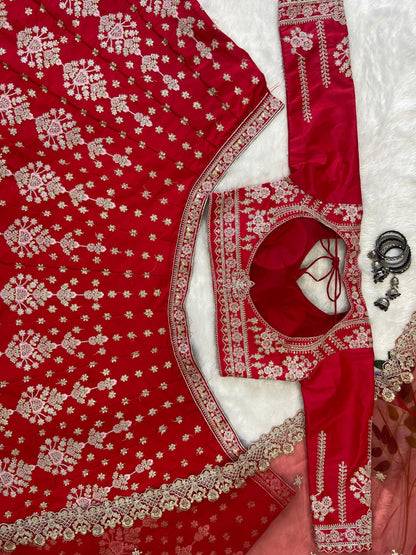 Fabulous Malai Satin Red Color Bridal Lehenga Choli