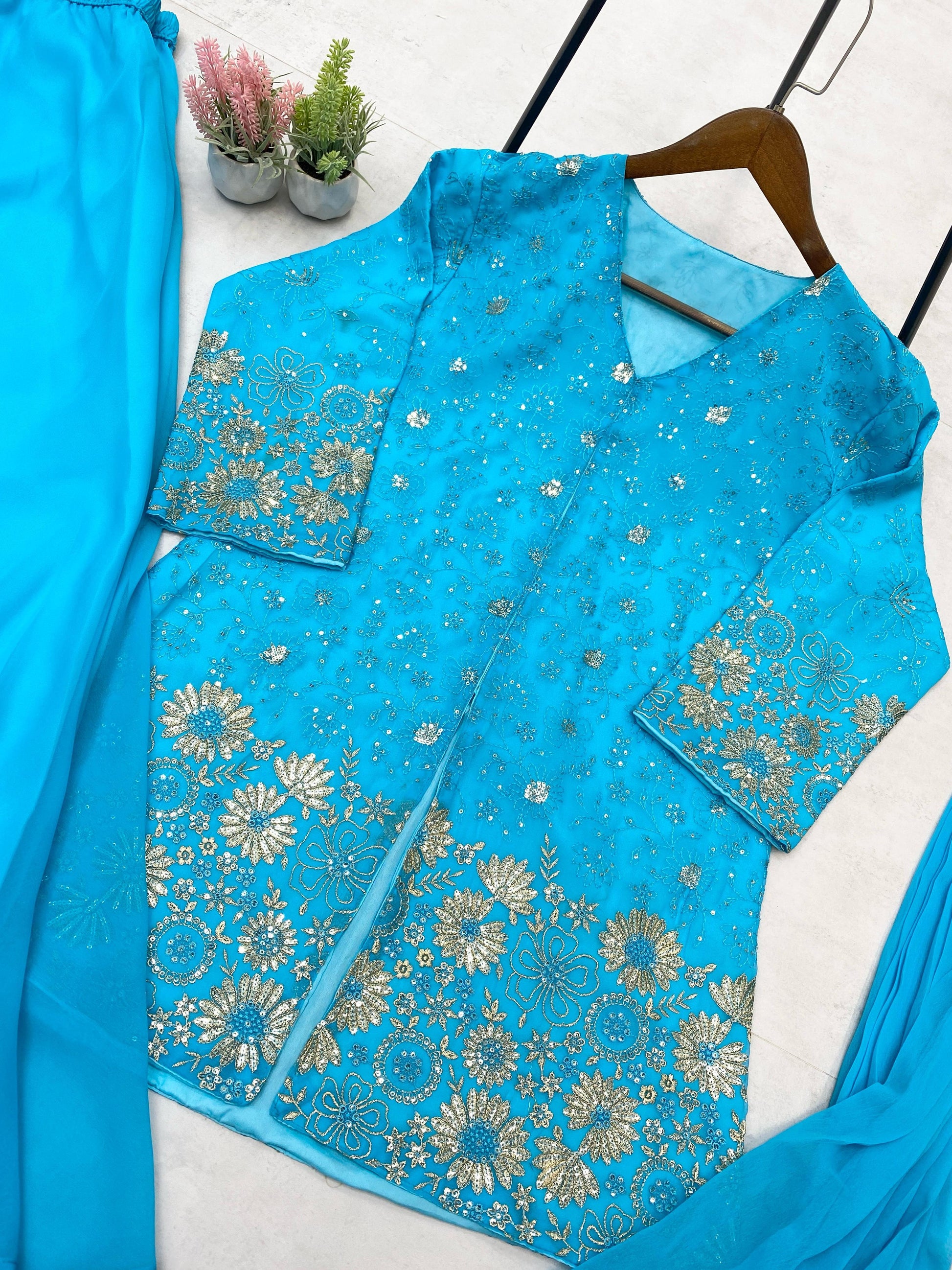 Stunning Georgette Sky Blue Color Sharara Suit