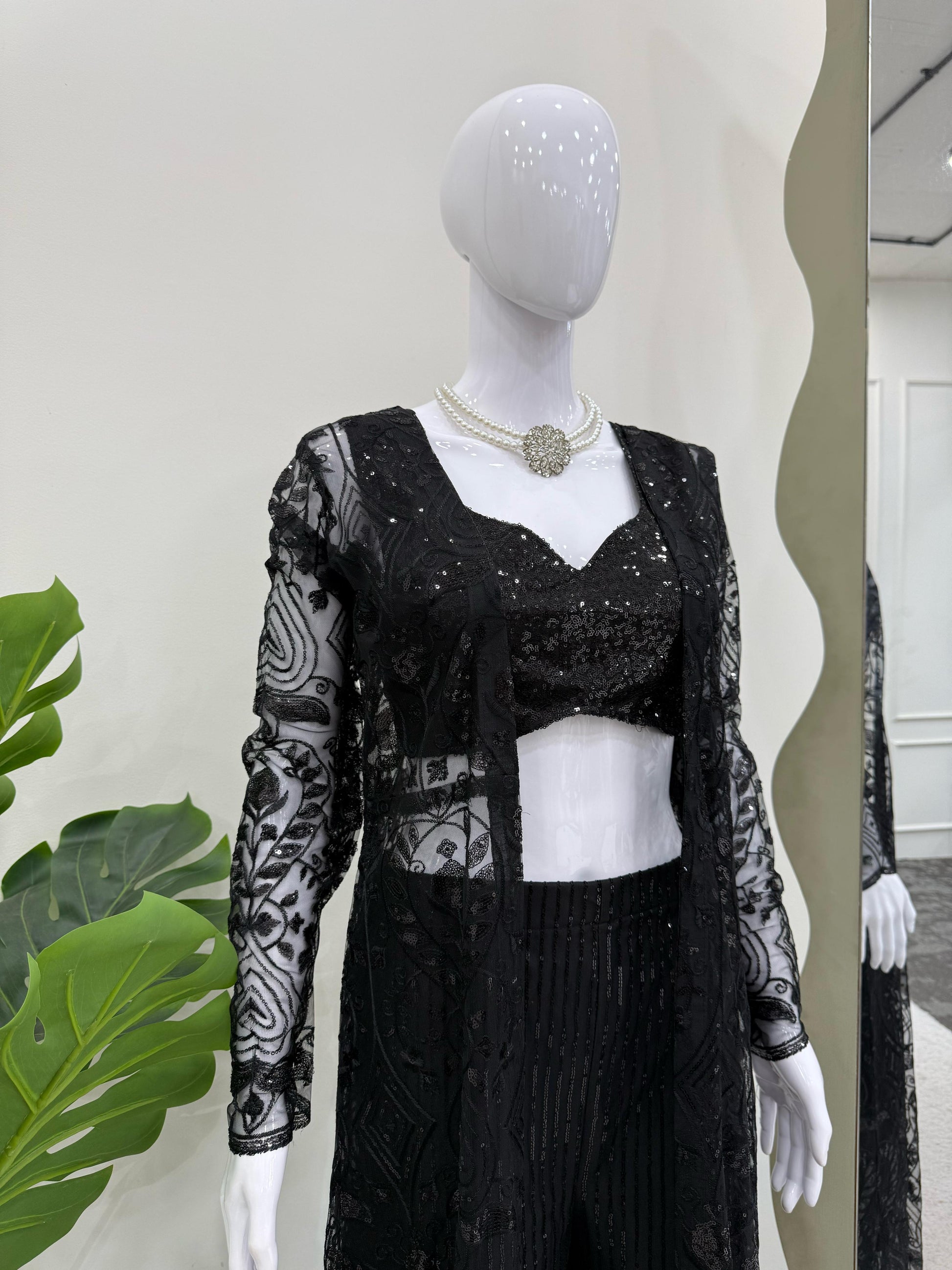Designer Butterfly Net Black Color Palazzo Choli With Shrug