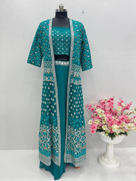 Celebrity Style Aqua Green Color Faux Georgette With Embroidered Sequence Work Lehenga Choli With Koti