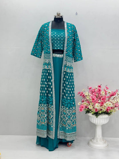 Celebrity Style Aqua Green Color Faux Georgette With Embroidered Sequence Work Lehenga Choli With Koti