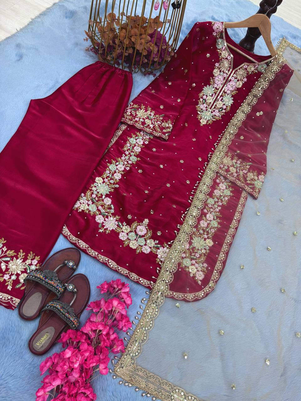 Stunning Maroon Color Pure Jimmy Choo With Heavy Embroidery 5mm Sequence Work Palazzo Suit