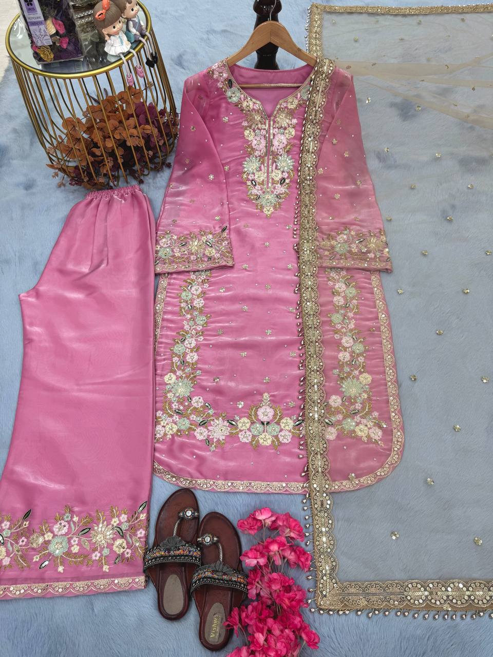 Stunning Baby Pink Color Pure Jimmy Choo With Heavy Embroidery 5mm Sequence Work Palazzo Suit