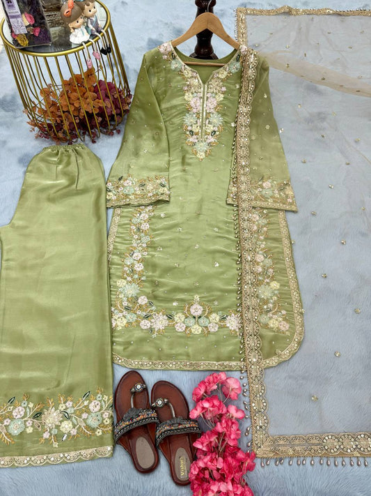 Stunning Green Color Pure Jimmy Choo With Heavy Embroidery 5mm Sequence Work Palazzo Suit
