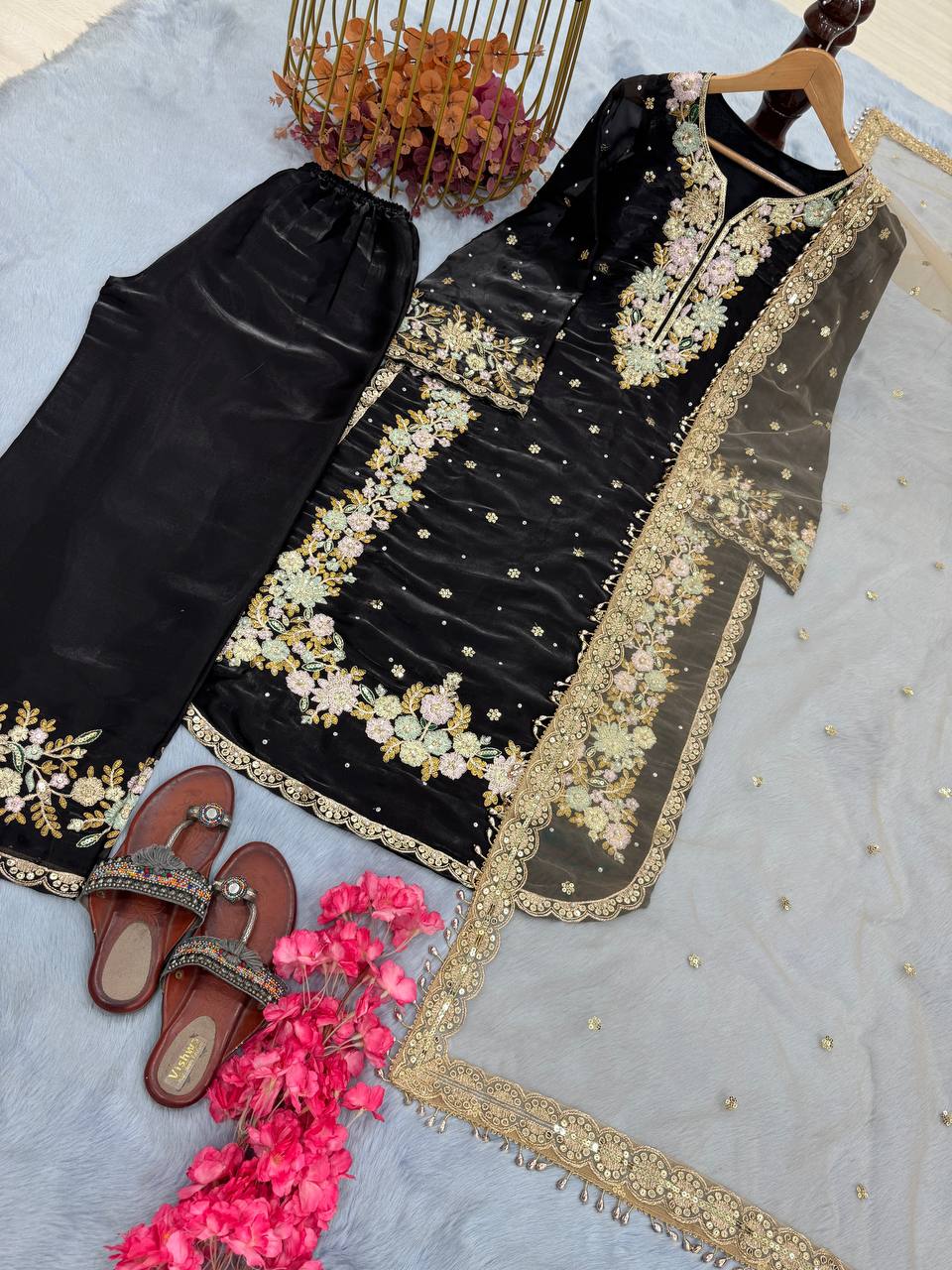 Stunning Black Color Pure Jimmy Choo With Heavy Embroidery 5mm Sequence Work Palazzo Suit