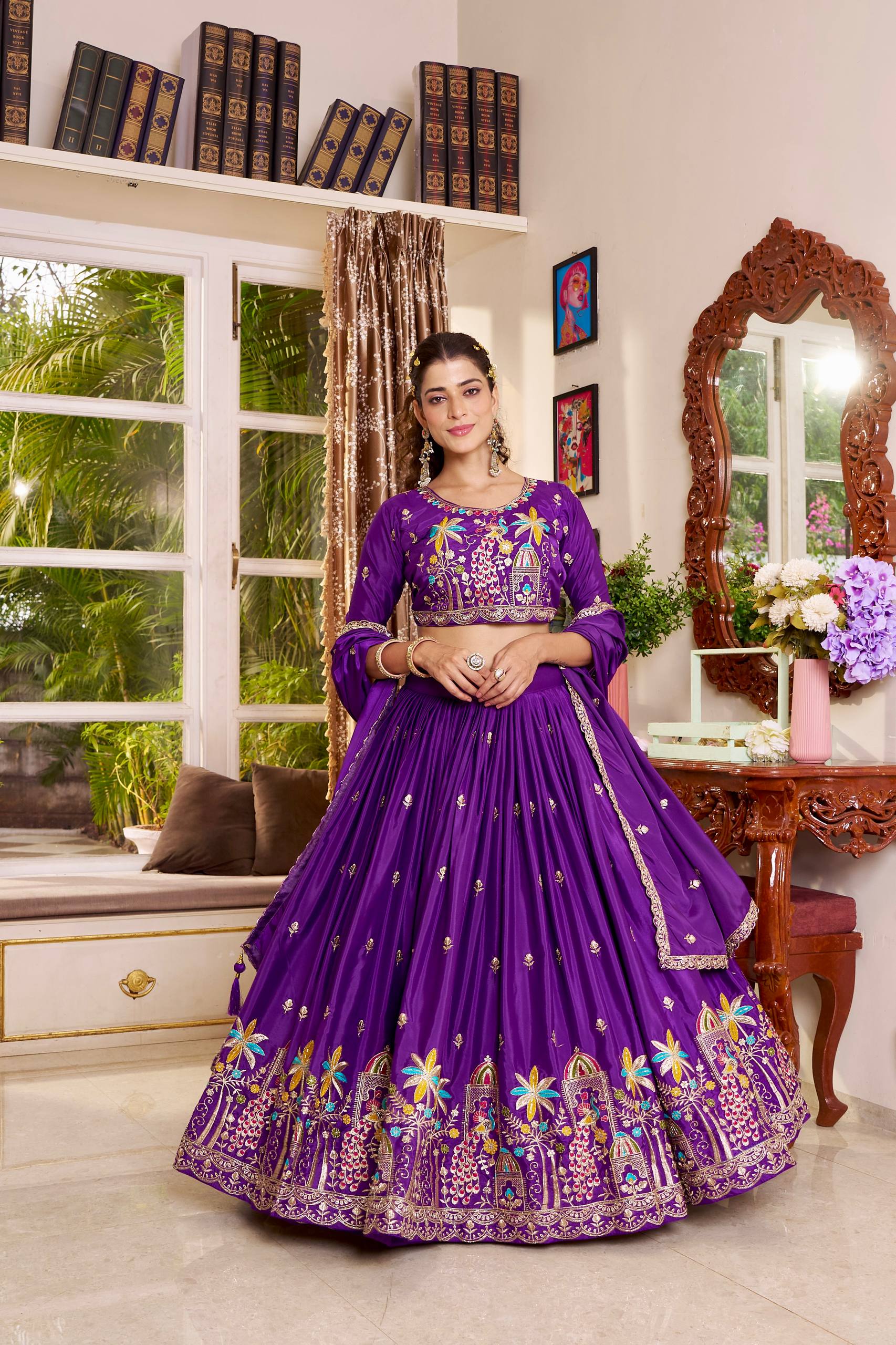 Designer Pure Crepe Silk Wedding Wear Purple Lehenga Choli