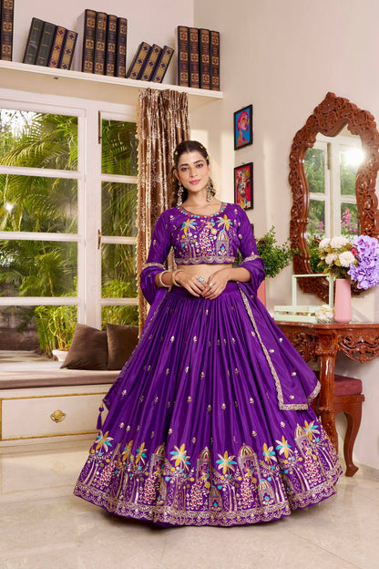 Designer Pure Crepe Silk Wedding Wear Purple Lehenga Choli
